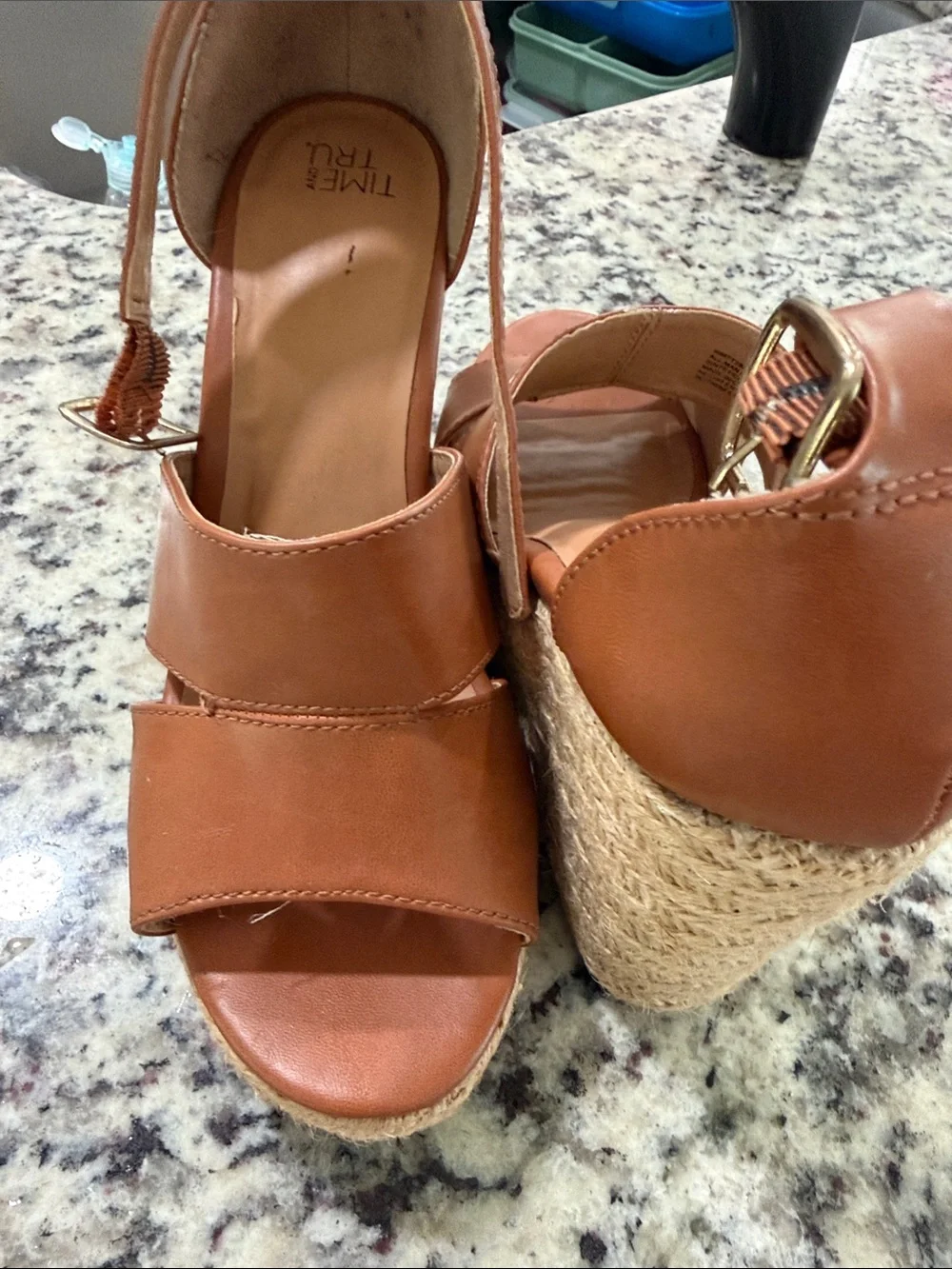 Time and Tru Tan Strappy Espadrille Wedge Sandals